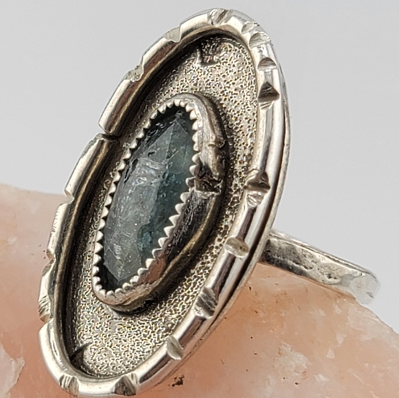 AQUAMARINE OVAL SHAPE RING HANDMADE IN STERLING SILVER METAL SIZE 8.5 - Picture 4 of 7